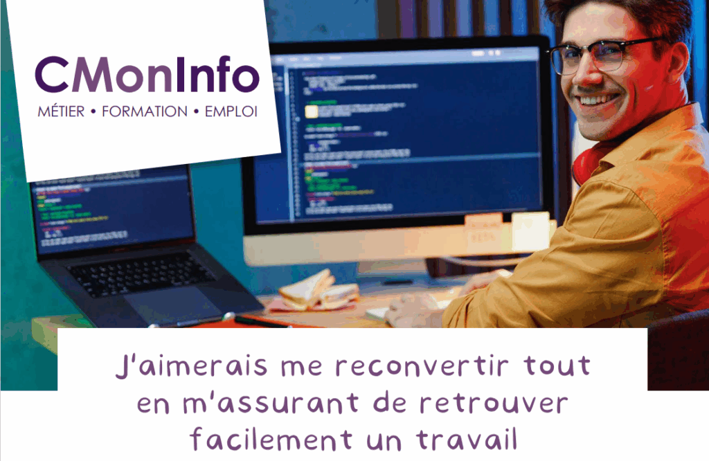 Affiche CMonInfo expliquant comment se reconvertir vers des métiers émergents grâce au dispositif Projet de Transition Professionnelle (PTP).