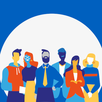 Illustration représentant un groupe de personnes stylisées, debout côte à côte, symbolisant la diversité, la coopération et le travail en équipe.