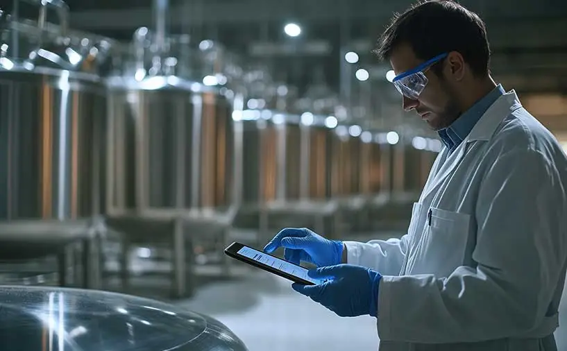 Un professionnel en blouse blanche et gants bleus contrôle une cuve industrielle à l’aide d’une tablette dans un site de production chimique.