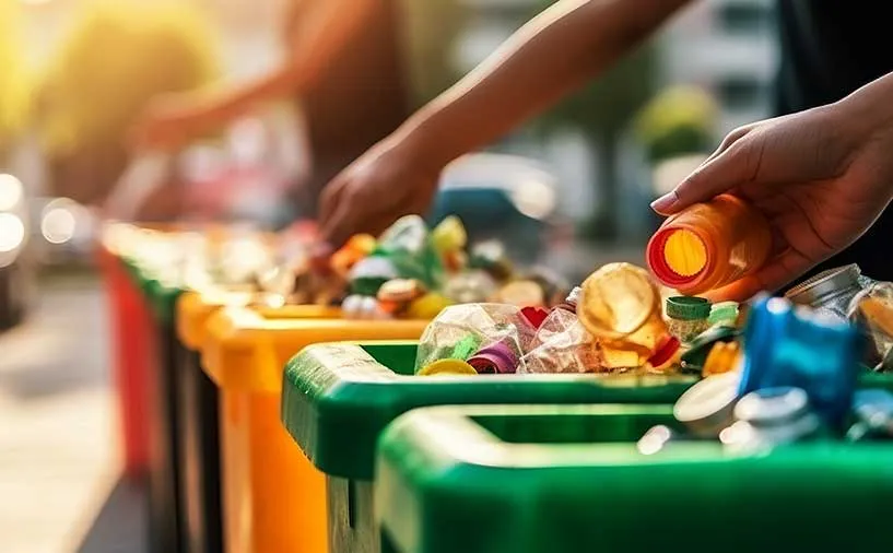 Mains triant des déchets plastiques dans des bacs de recyclage colorés en extérieur