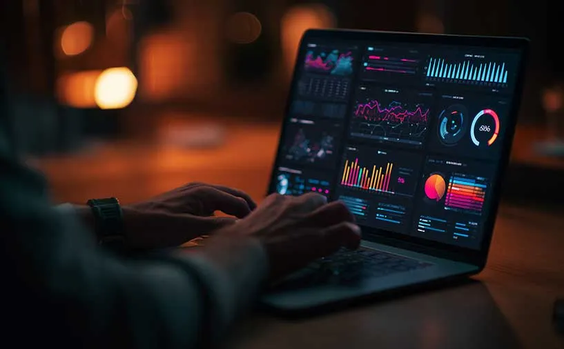 Personne consultant des tableaux de bord interactifs sur un ordinateur portable, illustrant l’analyse de données sur l’emploi et la formation.
