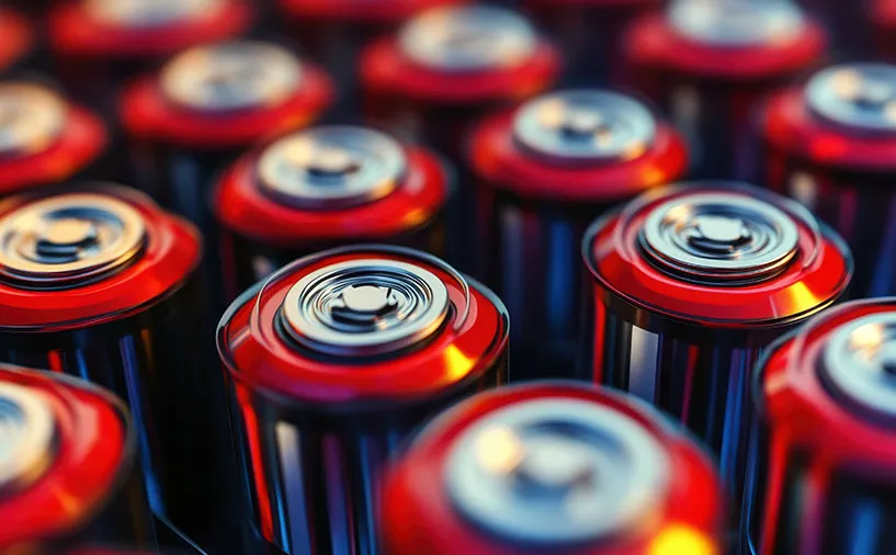 Gros plan sur des batteries cylindriques, symbolisant les métiers liés à la filière batteries en Nouvelle-Aquitaine