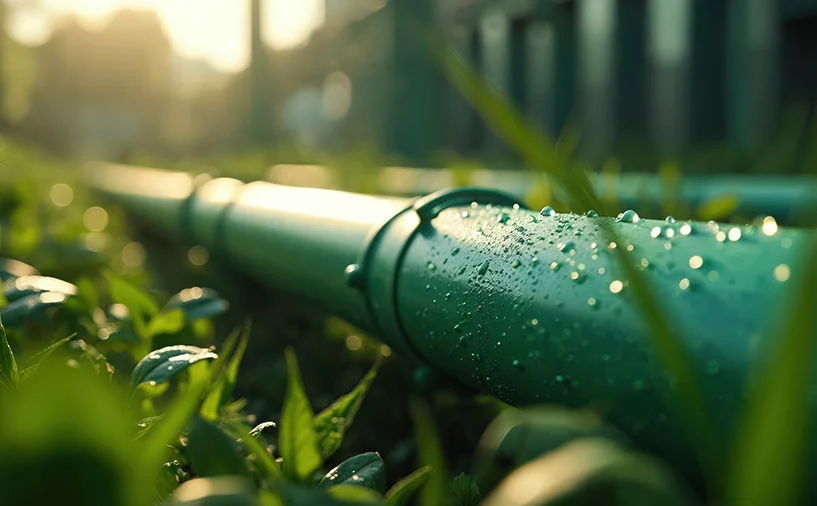 Gros plan sur une canalisation recouverte de gouttes d’eau, posée dans l’herbe, symbolisant les infrastructures liées aux métiers de l’hydrogène et aux transitions énergétiques