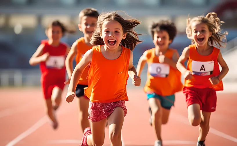 Groupe d’enfants courant joyeusement sur une piste d’athlétisme lors d’une course sportive, illustrant les métiers du sport et de l’animation.