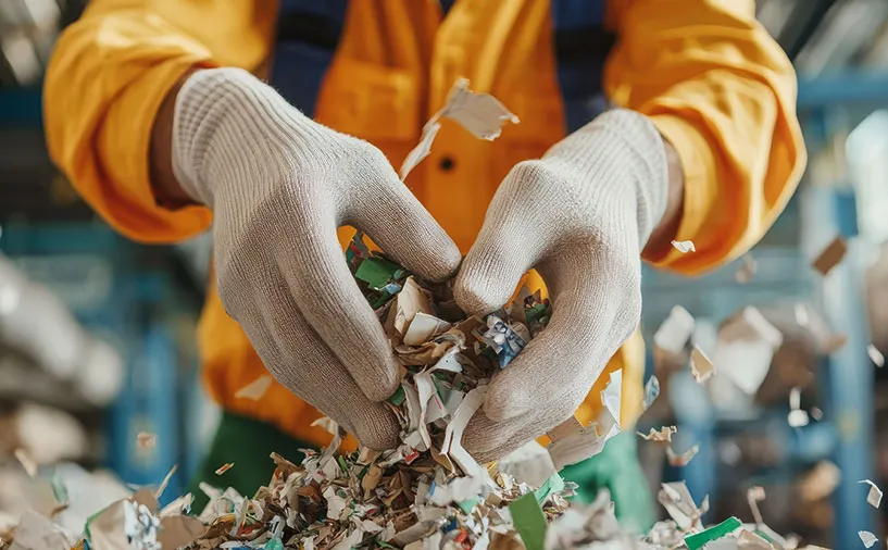Gros plan sur des mains gantées triant des morceaux de papier et de carton dans une installation de recyclage