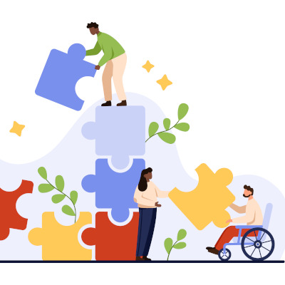 Illustration de la coopération entre plusieurs personnes, dont une en fauteuil roulant, assemblant des pièces de puzzle pour symboliser l’inclusion et l’insertion professionnelle des personnes en situation de handicap.