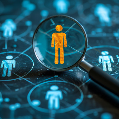 Loupe mettant en évidence une silhouette orange parmi d’autres, symbolisant la recherche de compétences ou l’analyse des parcours professionnels.