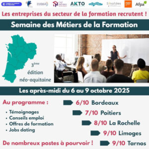 Affiche annonçant la 3ᵉ édition néo-aquitaine de la Semaine des Métiers de la Formation, organisée du 6 au 9 octobre 2025.