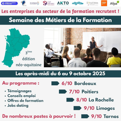 Affiche annonçant la 3ᵉ édition néo-aquitaine de la Semaine des Métiers de la Formation, organisée du 6 au 9 octobre 2025.