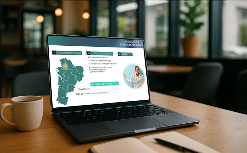 Écran d’ordinateur portable affichant l’outil de Cap Métiers sur les secteurs en alternance, posé sur une table dans un espace de travail.
