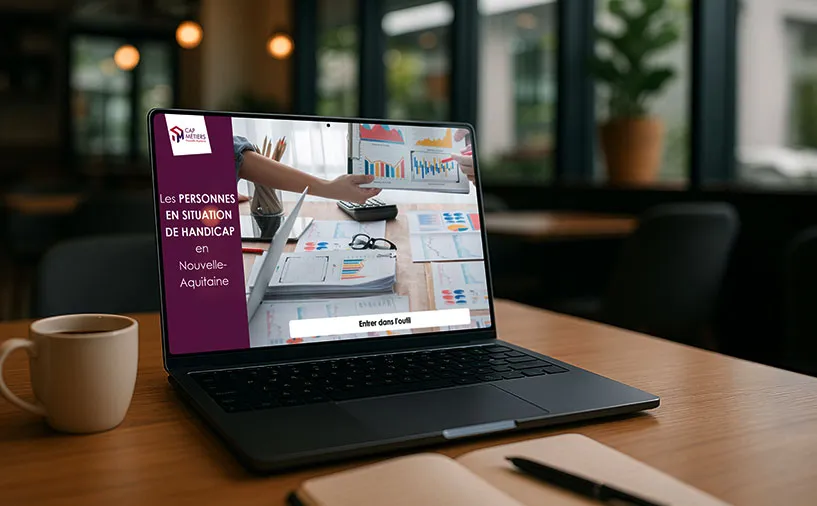 Écran d’ordinateur portable présentant l’interface d’un outil dédié aux données sur les personnes en situation de handicap en Nouvelle-Aquitaine, développé par Cap Métiers.