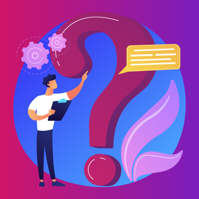 Illustration d’un homme avec un clipboard devant un grand point d’interrogation symbolisant l’assistance et les questions.