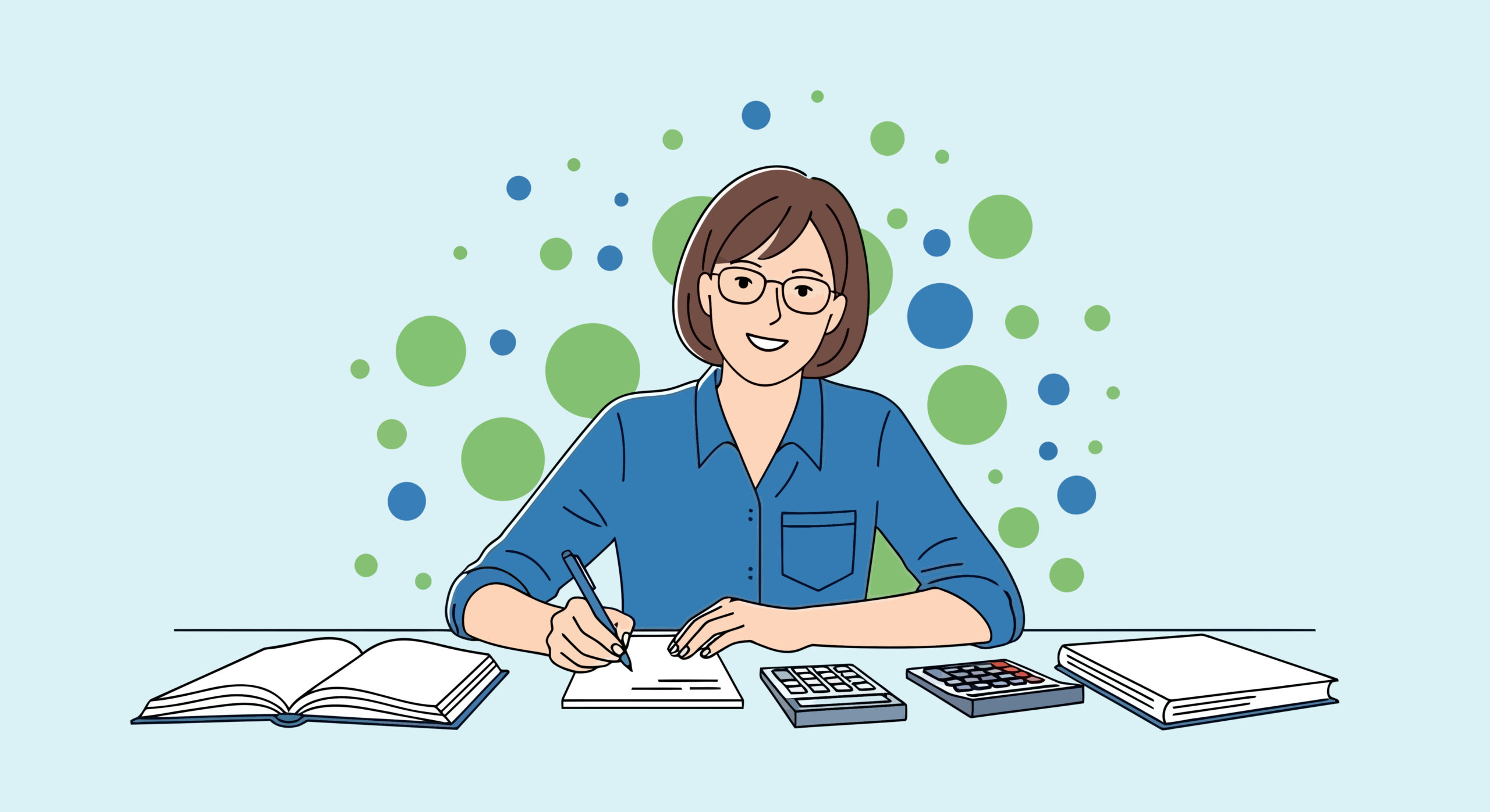 Une femme devant un bureau rempli un document papier