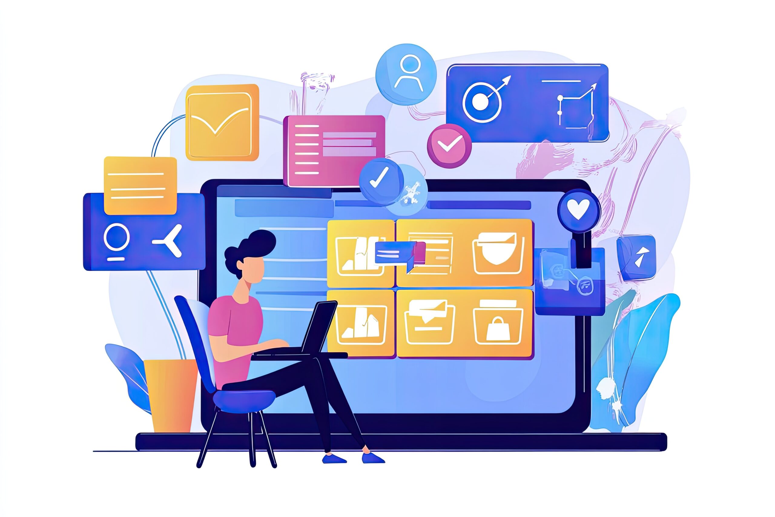 Illustration d’une personne travaillant sur un ordinateur portable devant une interface numérique symbolisant l'utilisation d'une plateforme numérique