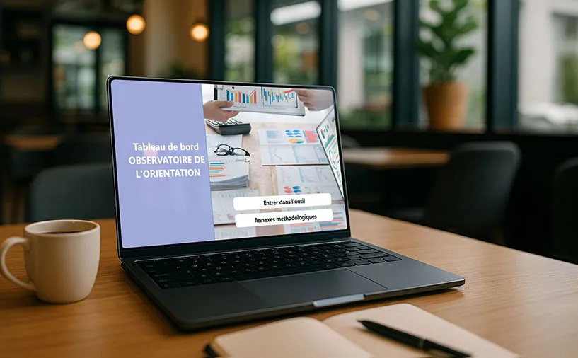 Ordinateur portable affichant le tableau de bord de l’Observatoire de l’Orientation de Cap Métiers Nouvelle-Aquitaine sur une table dans un espace de coworking.