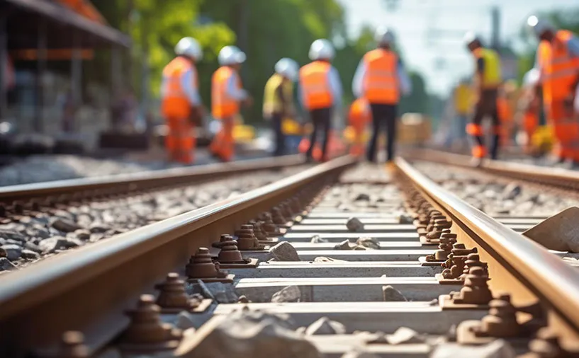 Agents de maintenance ferroviaire en tenue de sécurité travaillant sur des rails en Nouvelle-Aquitaine.