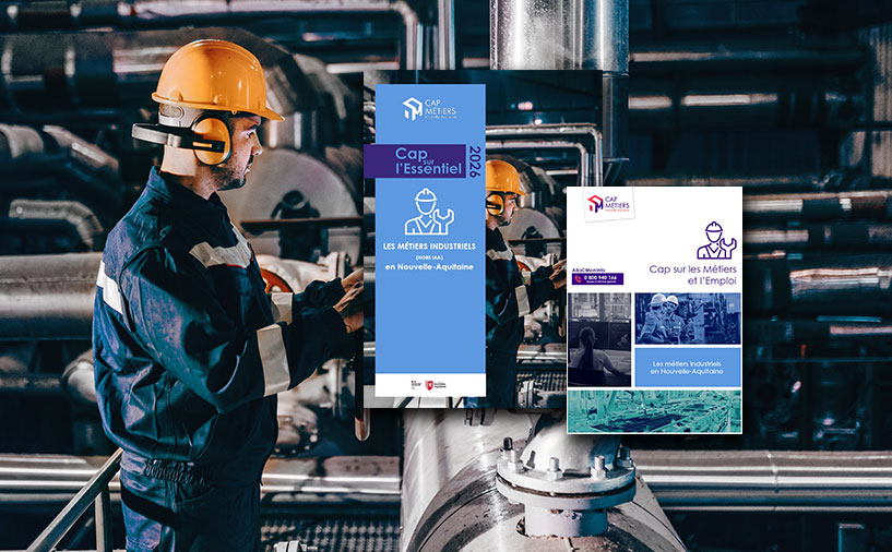 Professionnel de l’industrie utilisant une tablette numérique dans un environnement industriel, illustrant la publication « Cap sur l’Essentiel » consacrée aux métiers de l’industrie en Nouvelle-Aquitaine.