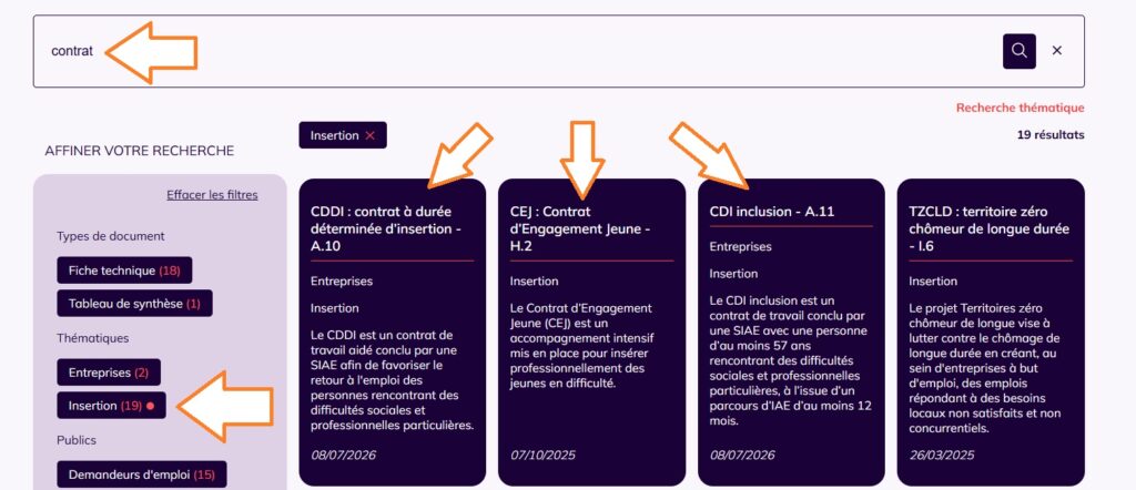 Capture d'écran du moteur de recherche des fiches techniques et autres supports d'informations juridiques de Cap Métiers Nouvelle-Aquitaine.